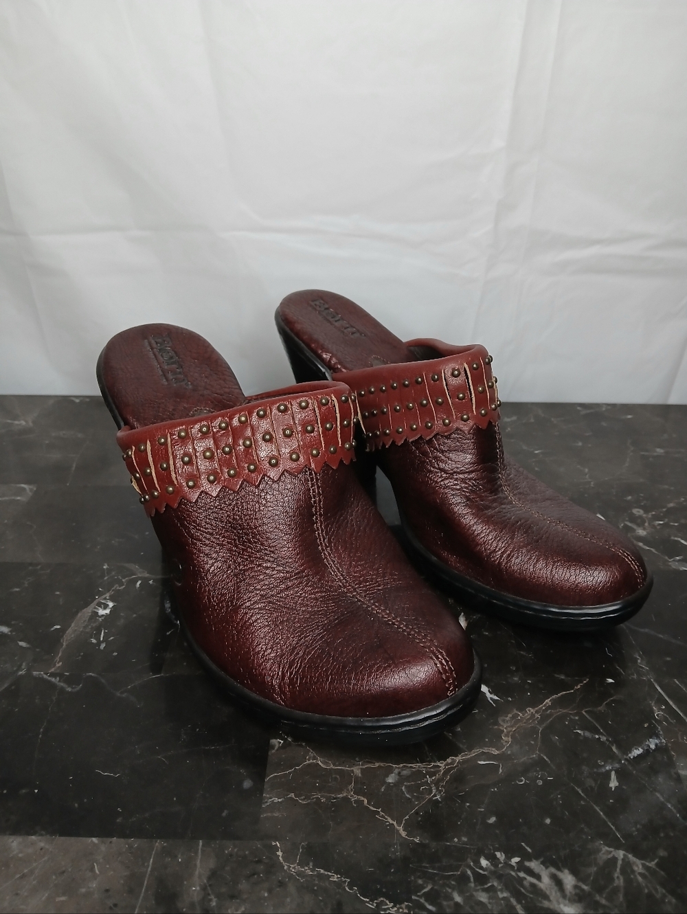 Red Leather Studded Mule Clogs withHeels